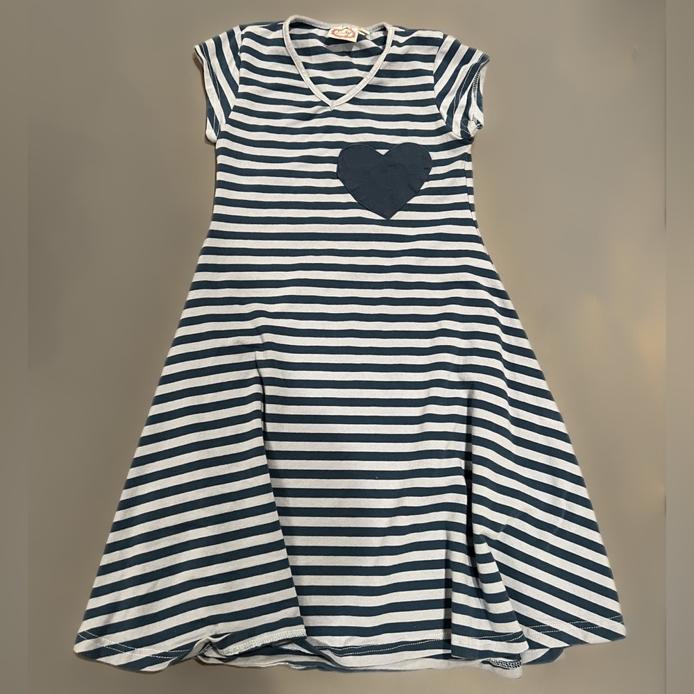 Lilli Lovebird Navy Striped Girl's Dress with Heart Design Sz 8
